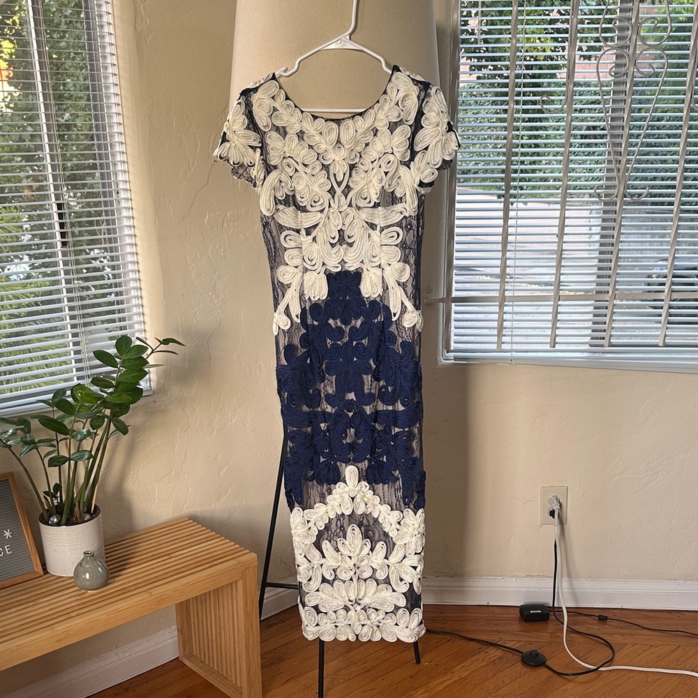 JS Collections Soutache Navy and White Lace Midi Dress Size 4